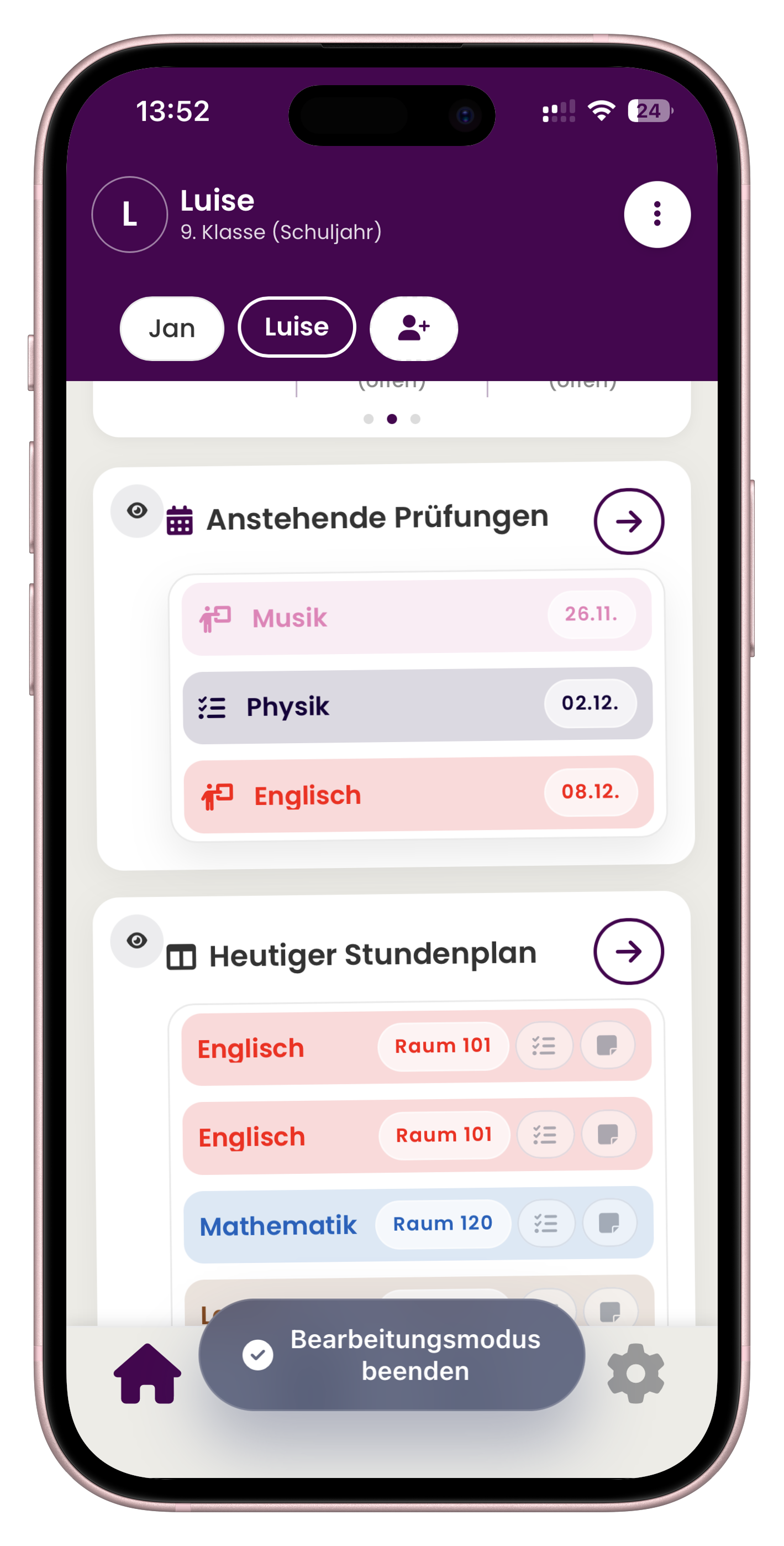 SchulPilot Dashboard mit Edit-Mode und Stundenplan-Widget